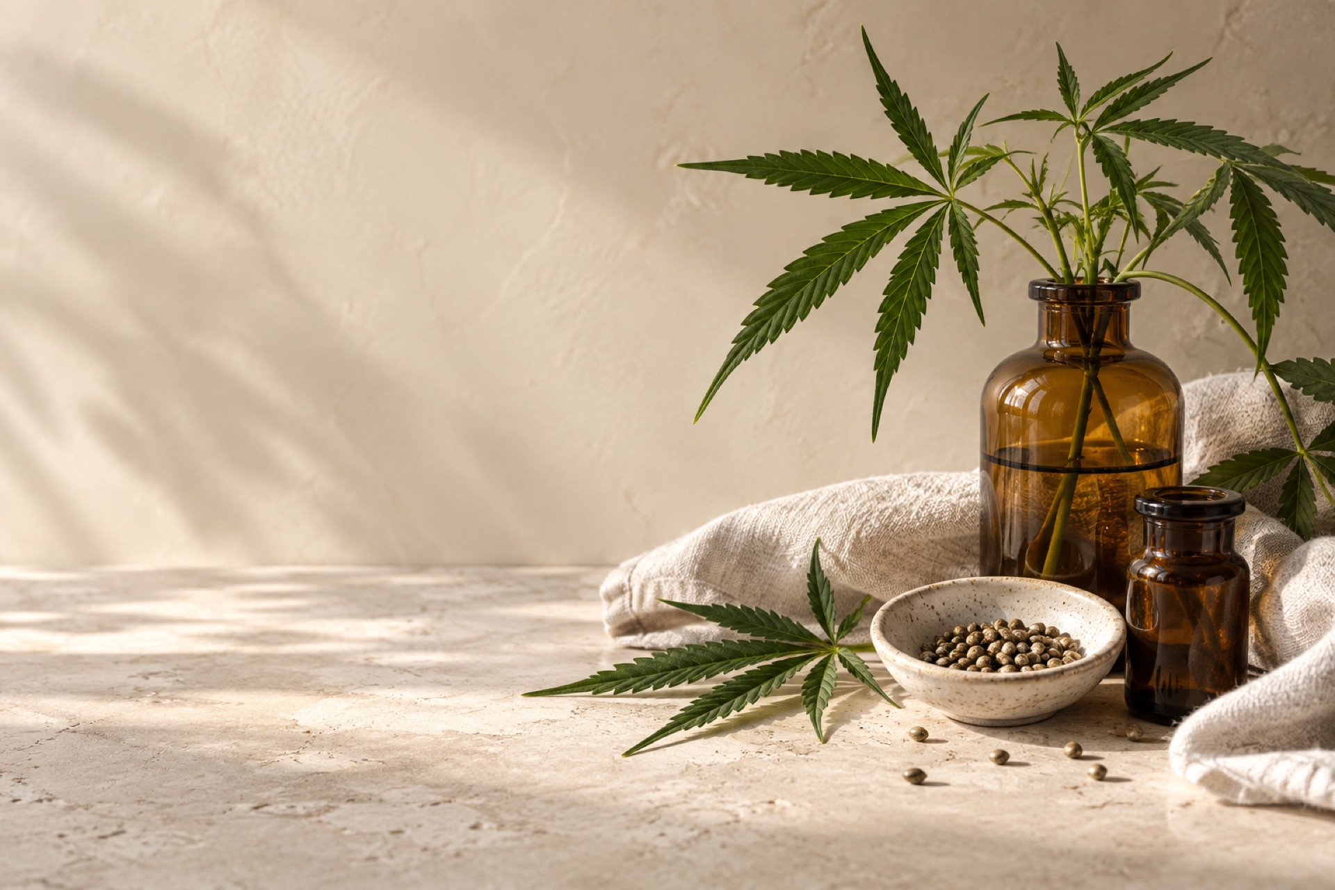 Hemp leaves and amber apothecary glass in soft natural light
